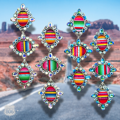 Western serape triple oval earring with rhinestones