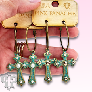 Cross earring with rhinestone or pearl accents