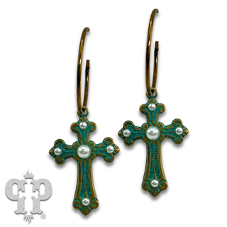 Cross earring with rhinestone or pearl accents