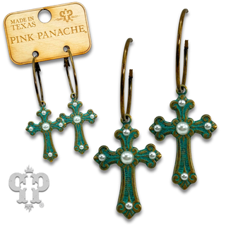 Cross earring with rhinestone or pearl accents