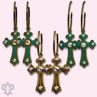 Cross earring with rhinestone or pearl accents