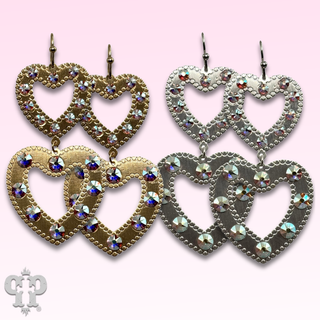 Double heart charm rhinestone earring