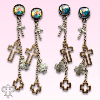 Cross charm chain earring with Austrian crystal