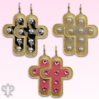 Leather inlay cross earring with Austrian crystal