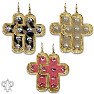 Leather inlay cross earring with Austrian crystal