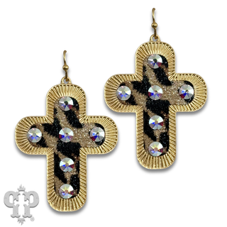 Leather inlay cross earring with Austrian crystal
