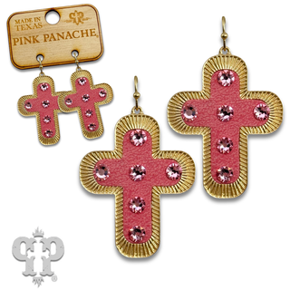 Leather inlay cross earring with Austrian crystal