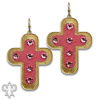 Leather inlay cross earring with Austrian crystal