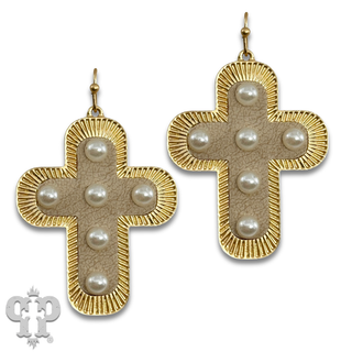 Leather inlay cross earring with Austrian crystal