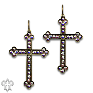 Large gold cross earring with Austrian crystals