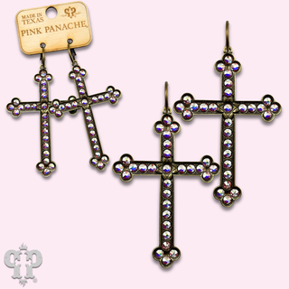 Large gold cross earring with Austrian crystals