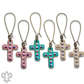 Mini wood cross earring with Austrian crystals