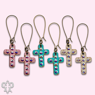 Mini wood cross earring with Austrian crystals