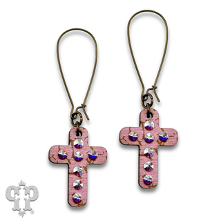 Mini wood cross earring with Austrian crystals