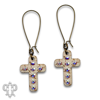 Mini wood cross earring with Austrian crystals