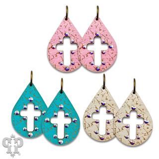 Laser cut cross teardrop earring with Austrian crystals