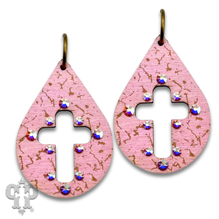 Laser cut cross teardrop earring with Austrian crystals