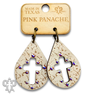 Laser cut cross teardrop earring with Austrian crystals