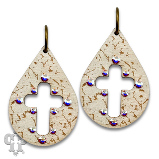 Laser cut cross teardrop earring with Austrian crystals