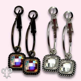Hoop earrings with square checkerboard crystal drop