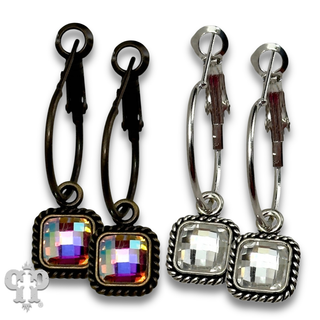 Hoop earrings with square checkerboard crystal drop
