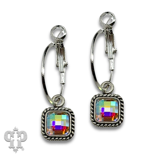 Silver hoop earrings with square iridescent crystal drop