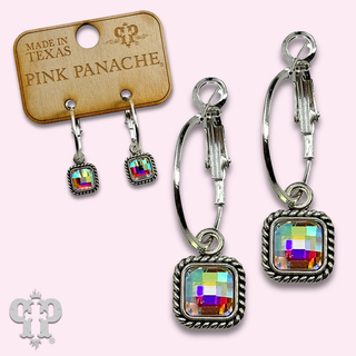 Silver hoop earrings with square iridescent crystal drop