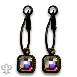 Hoop earrings with square checkerboard crystal drop