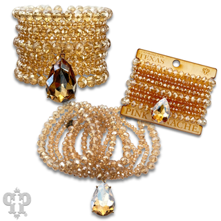 Faceted bead nine strand bracelet set, rhinestone teardrop charm
