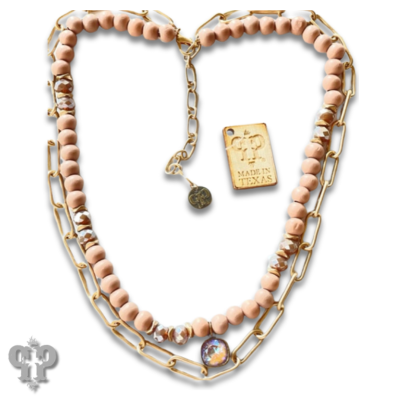 Pink wood bead, gold chain necklace, last call