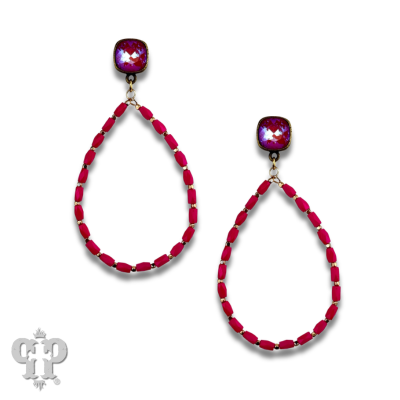 Fuchsia rice bead teardrop earring, Austrian crystal