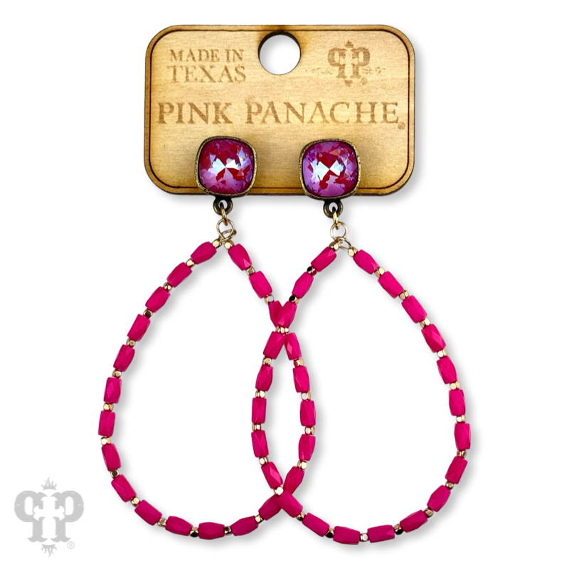 Fuchsia rice bead teardrop earring, Austrian crystal