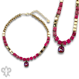 Fuchsia square bead necklace, Austrian crystal