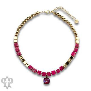 Fuchsia square bead necklace, Austrian crystal