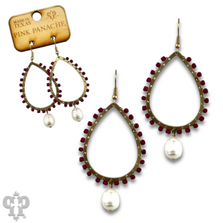 Seed bead wrapped teardrop earring with freshwater pearl