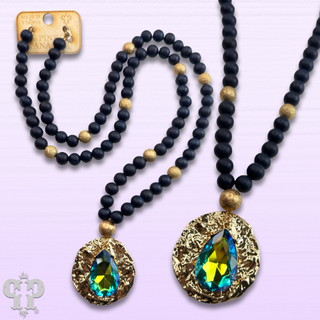 Wood and foil texture bead necklace with disc pendant