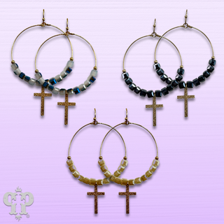 Square crystal bead earring with small gold cross charm, last call