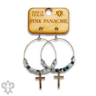 Square crystal bead earring with small gold cross charm, last call