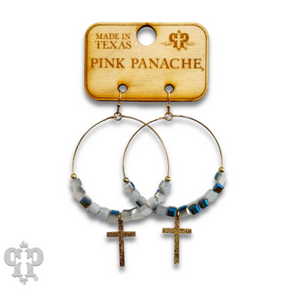 Square crystal bead earring with small gold cross charm
