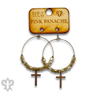 Square crystal bead earring with small gold cross charm, last call