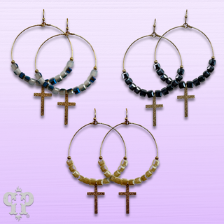 Square crystal bead earring with small gold cross charm