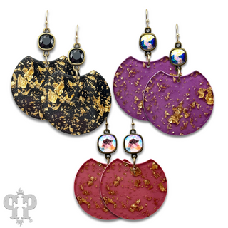 Acrylic disc earring with gold flecks and Austrian crystal