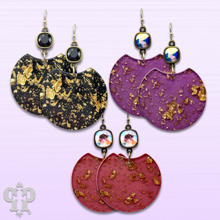 Acrylic disc earring with gold flecks and Austrian crystal