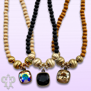 Round wood and brushed gold bead necklace with Austrian crystal