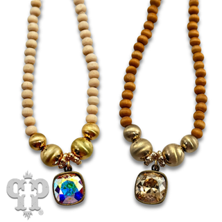 Round wood and brushed gold bead necklace with Austrian crystal, last call