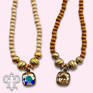 Round wood and brushed gold bead necklace with Austrian crystal, last call