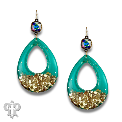 Turquoise acrylic glitter teardrop earring, Austrian crystal