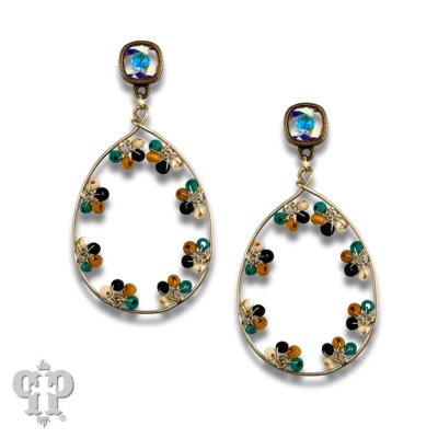 Multi-color flower bead wrapped teardrop earring, Austrian crystal