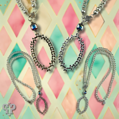 Long pearl bead necklace with shiny metal pendant, Austrian crystal