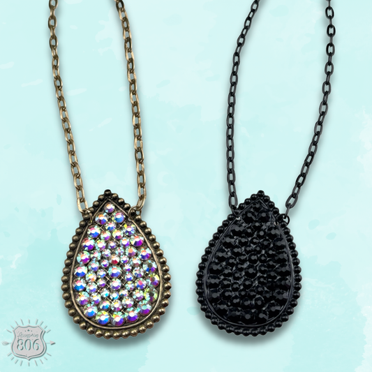 Rhinestone filled teardrop pendant chain necklace